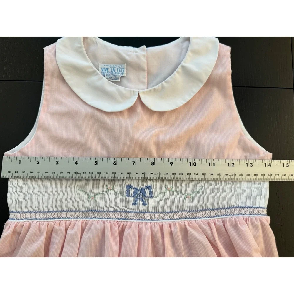 Vive La Fete Hand-Smocked Sleeveless Dress Girls Size 8 Pink/White Embroidered